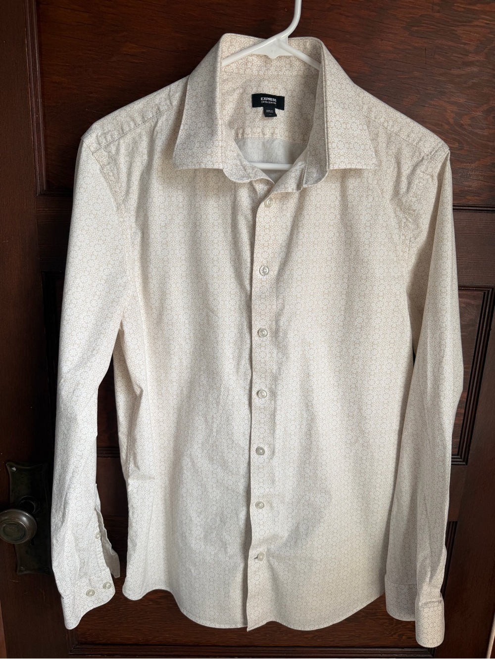 Express Men’s Long-Sleeve Dress Shirt in Cream with Micro Pattern